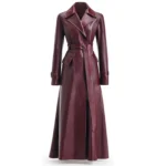 Burgundy Sheepskin Leather Trench Coat Custom Fit Winter Outerwear