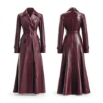 Burgundy Sheepskin Leather Trench Coat Custom Fit Winter Outerwear
