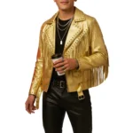 Gold Fringe Leather Jacket for Men Western Studded Rock Style Biker jacket - Image 2