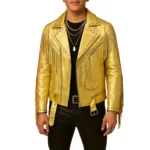 Gold Fringe Leather Jacket for Men Western Studded Rock Style Biker jacket