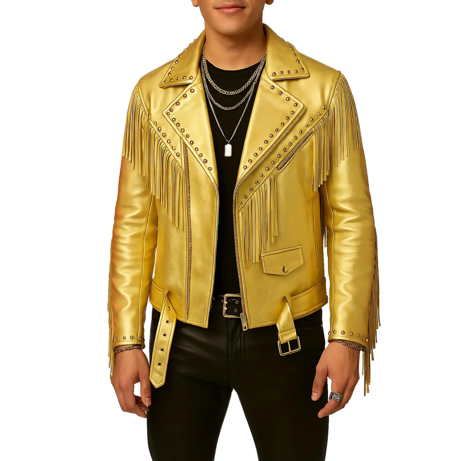 Gold Fringe Leather Jacket for Men Western Studded Rock Style Biker jacket Gold Fringe Leather Jacket for Men Western Studded Rock Style Biker jacket