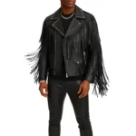 Men's Black Leather Fringe Jacket Studded Fringe Leather Jacket