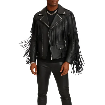 Men's Black Leather Fringe Jacket Studded Fringe Leather Jacket