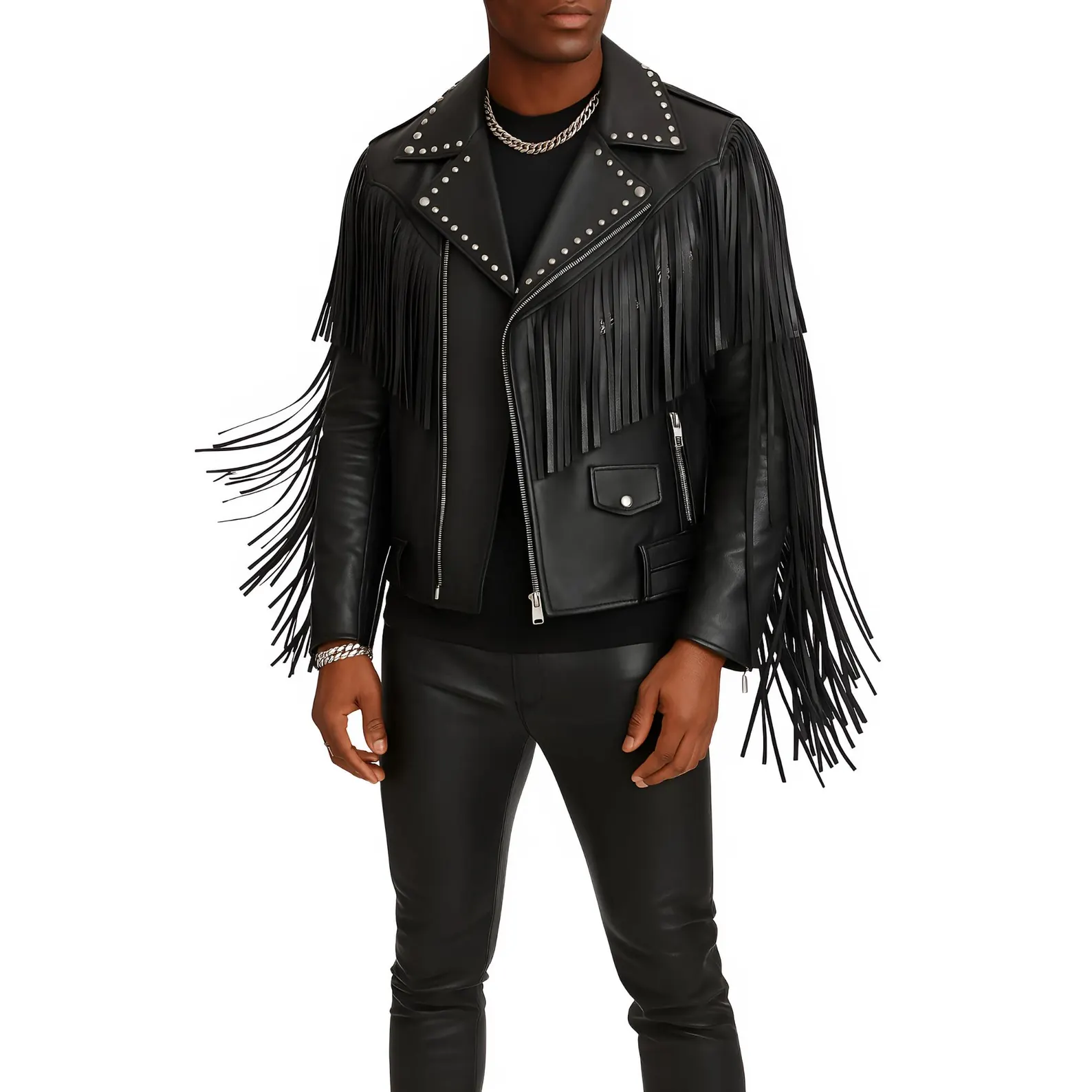 Men's Black Leather Fringe Jacket Studded Fringe Leather Jacket Men's Black Leather Fringe Jacket Studded Fringe Leather Jacket