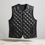 Men's Black Genuine Lambskin Leather Puffer Vest Quilted Warm Stylish Winter Outerwear