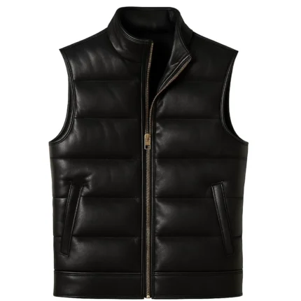 Men’s Black Genuine Leather Puffer Vest Sleeveless Zipper Front Outerwear