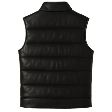 Men’s Black Genuine Leather Puffer Vest Sleeveless Zipper Front Outerwear