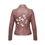 Embroidered Pink Sheepskin Leather Jacket Women's Floral Biker Coat