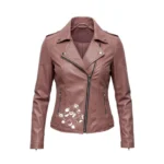 Embroidered Pink Sheepskin Leather Jacket Women's Floral Biker Coat