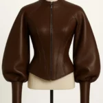Women’s Brown Genuine Leather Jacket with Puff Sleeves