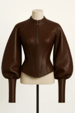 Women’s Brown Genuine Leather Jacket with Puff Sleeves