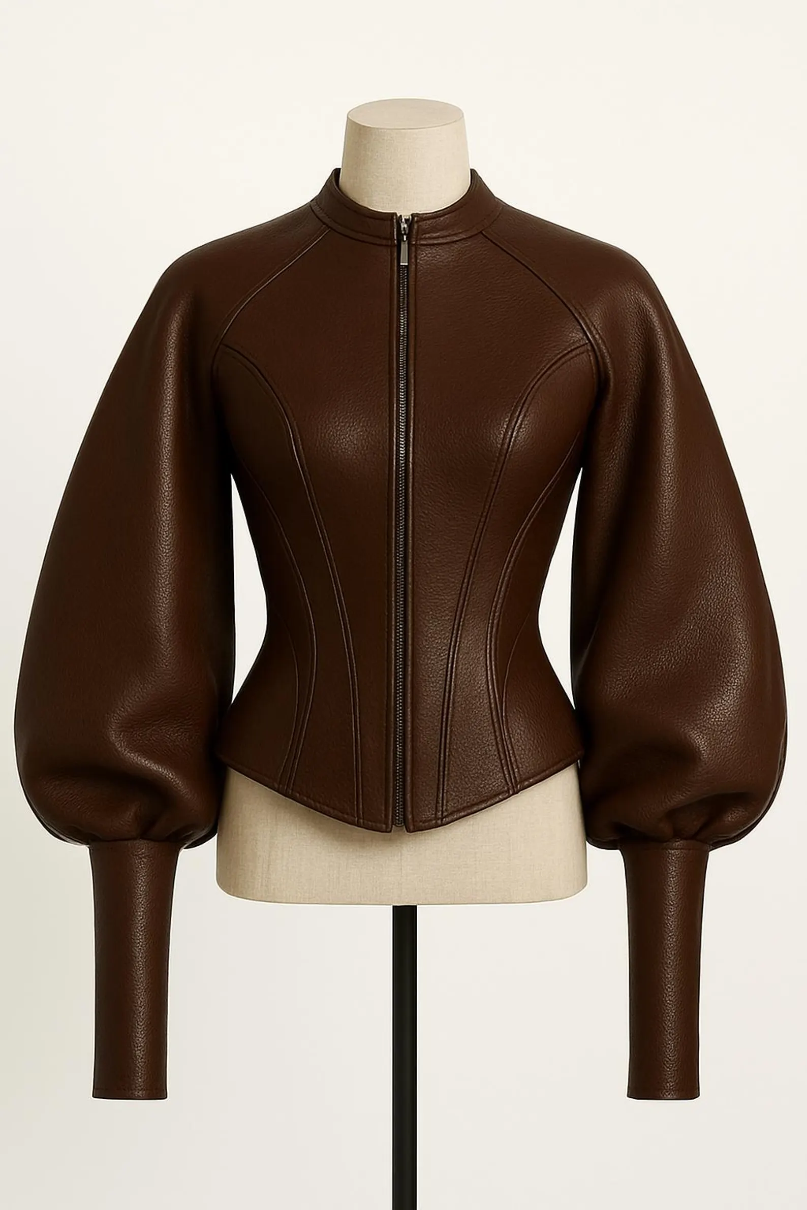 Women’s Brown Genuine Leather Jacket with Puff Sleeves Women’s Brown Genuine Leather Jacket with Puff Sleeves