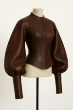 Women’s Brown Genuine Leather Jacket with Puff Sleeves - Image 2