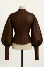 Women’s Brown Genuine Leather Jacket with Puff Sleeves
