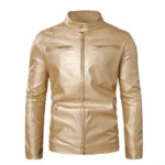 Men’s Gold Genuine Leather Biker Jacket Stand Collar Moto Style