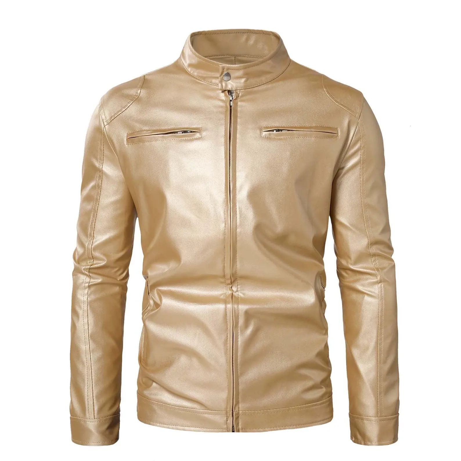 Men’s Gold Genuine Leather Biker Jacket Stand Collar Moto Style Men’s Gold Genuine Leather Biker Jacket Stand Collar Moto Style