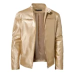 Men’s Gold Genuine Leather Biker Jacket  Stand Collar Moto Style - Image 2