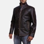 Men’s Distressed Brown Leather Jacket Vintage Mandarin Collar Button Up Style - Image 3
