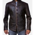 Men’s Distressed Brown Leather Jacket Vintage Mandarin Collar Button Up Style