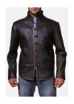 Men’s Distressed Brown Leather Jacket Vintage Mandarin Collar Button Up Style