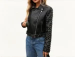 Women’s Black Studded Leather Biker Jacket Punk Rock Moto Style with Belted Waist - Image 3