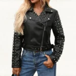 Women’s Black Studded Leather Biker Jacket Punk Rock Moto Style with Belted Waist