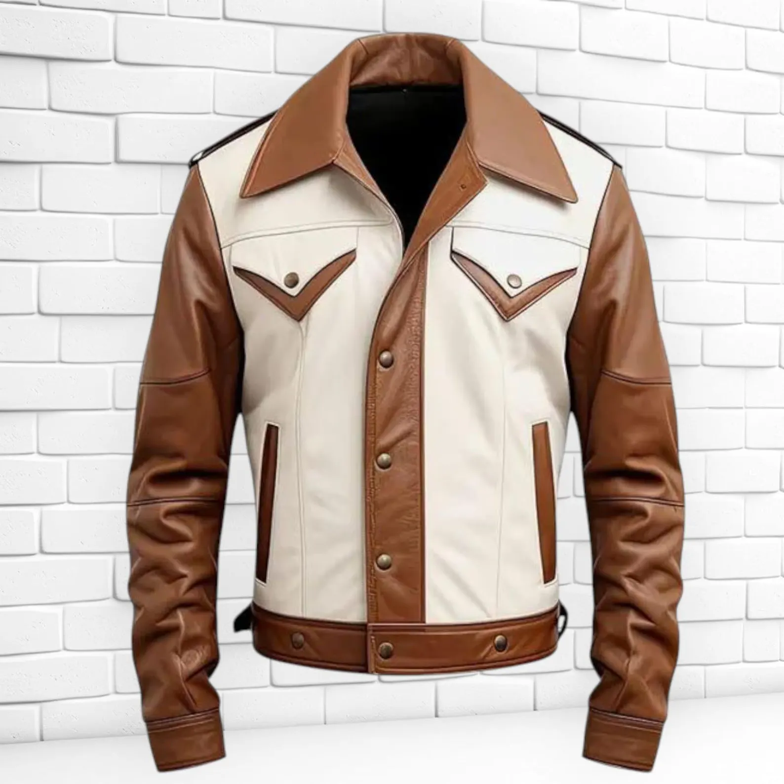 Men’s Brown and White Leather Jacket Vintage Western Style Biker Jacket Men’s Brown and White Leather Jacket Vintage Western Style Biker Jacket