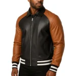 Vintage Inspired Leather Varsity Jacket Black & Tan Retro Bomber - Image 2