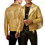 Gold Fringe Leather Jacket for Men Western Studded Rock Style Biker jacket