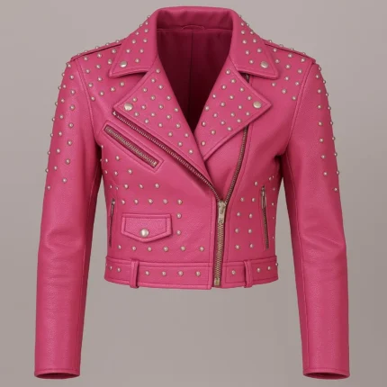 Women's Pink Studded Leather Biker Jacket Cropped Moto Style with Silver Rivet Detailing