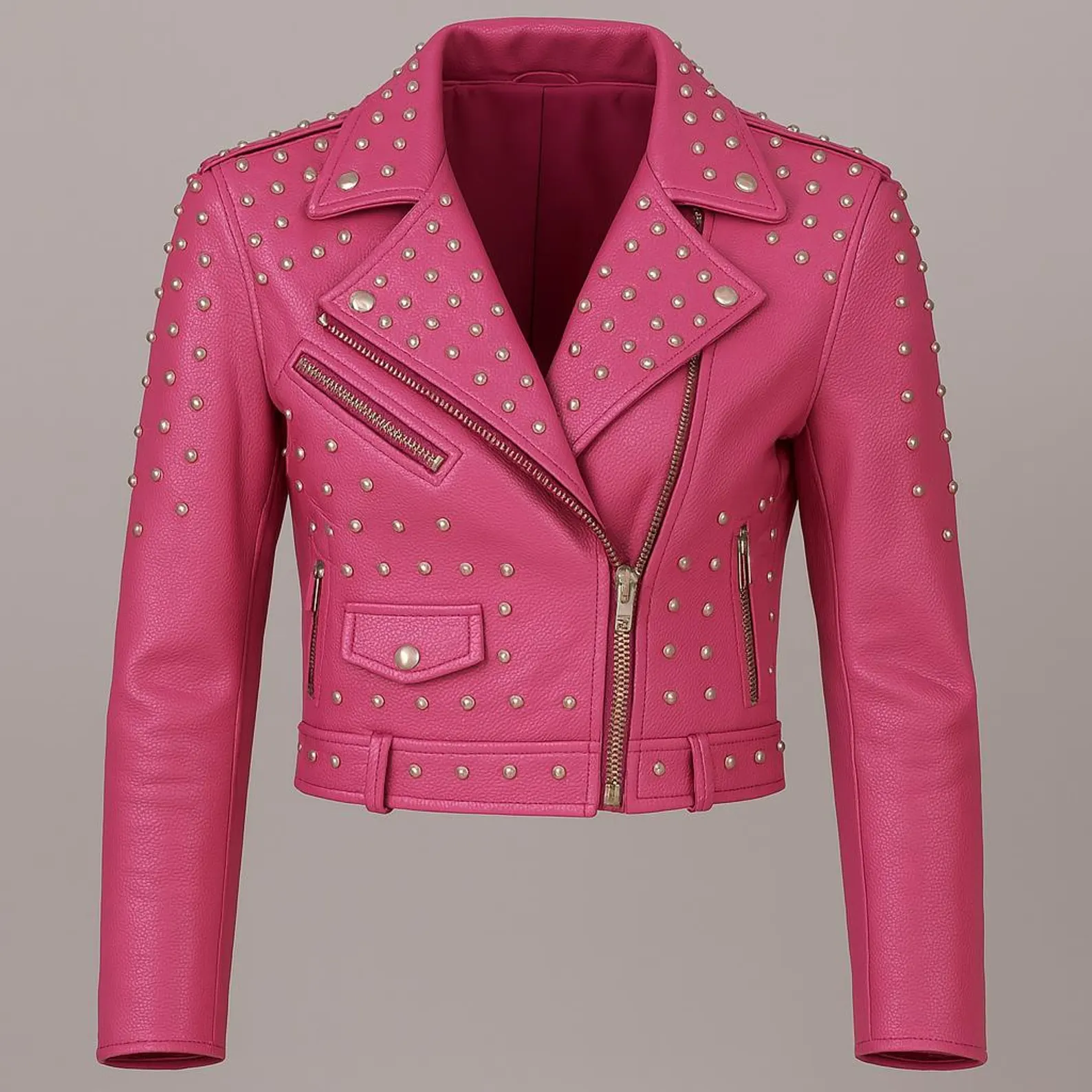 Women's Pink Studded Leather Biker Jacket Cropped Moto Style with Silver Rivet Detailing Women's Pink Studded Leather Biker Jacket Cropped Moto Style with Silver Rivet Detailing