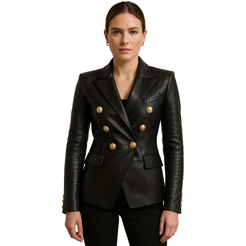 Women Black Leather Blazer Double Breasted Gold Button Slim Fit Blazer