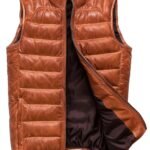Brown Leather Puffer Vest Quilted Sleeveless Winter Jacket