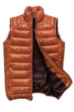 Brown Leather Puffer Vest Quilted Sleeveless Winter Jacket