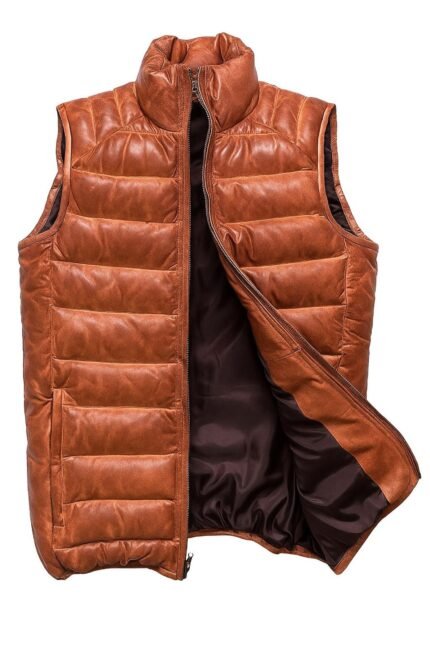 Brown Leather Puffer Vest Quilted Sleeveless Winter Jacket