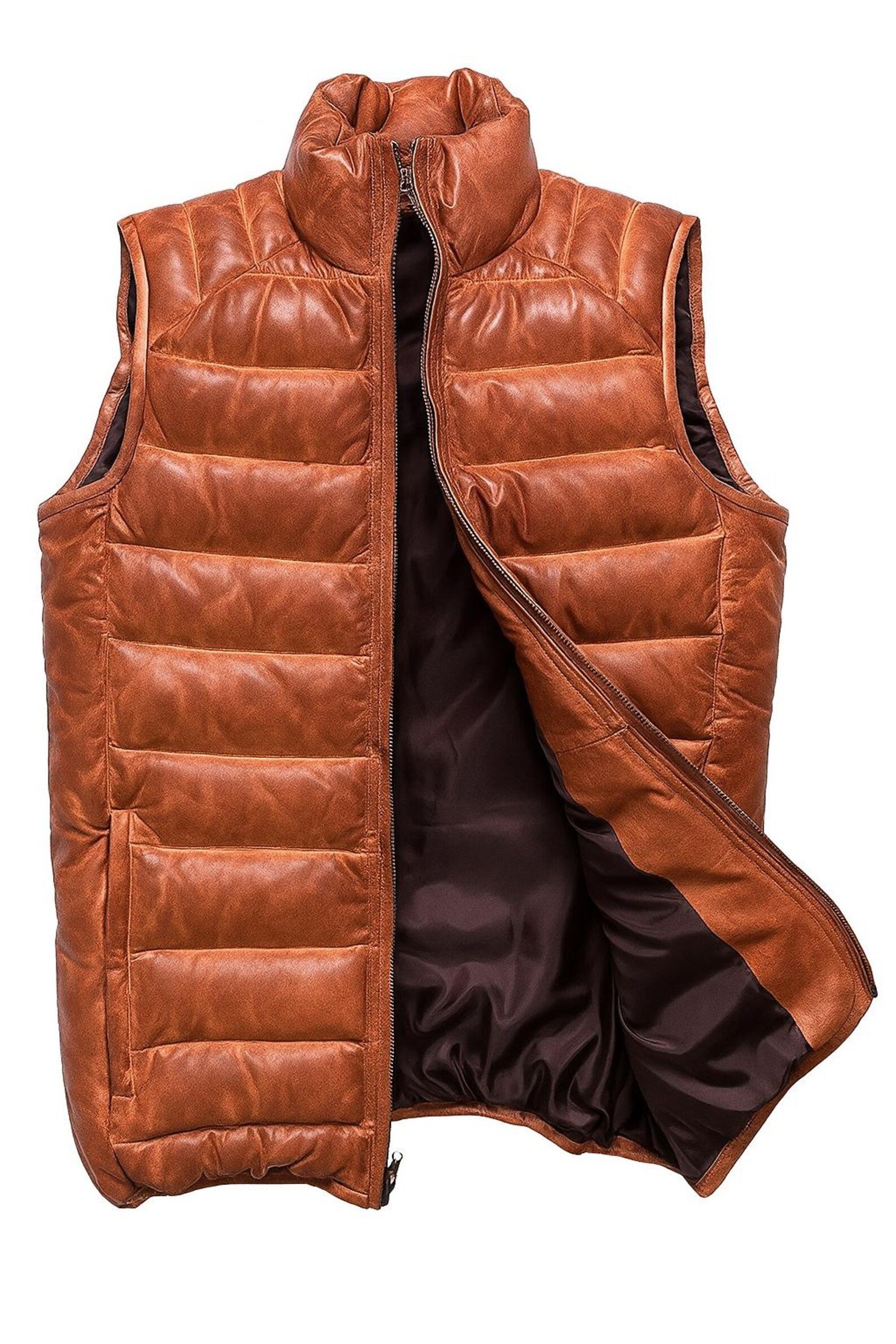 Brown Leather Puffer Vest Quilted Sleeveless Winter Jacket Brown Leather Puffer Vest Quilted Sleeveless Winter Jacket