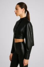 Black Faux Leather Cropped Jacket for Women Slim Fit Long Sleeve Moto Coat - Image 3