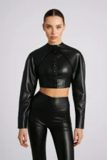 Black Faux Leather Cropped Jacket for Women Slim Fit Long Sleeve Moto Coat - Image 2