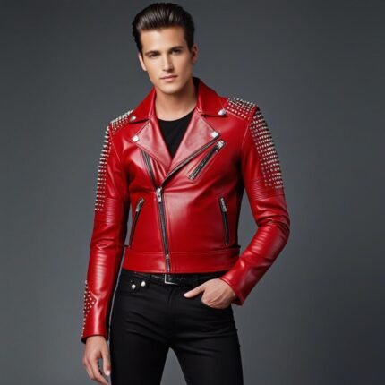 Men’s Red Leather Biker Jacket Handmade Studded Motorcycle Jacket Custom Rock Style