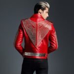 Men’s Red Leather Biker Jacket Handmade Studded Motorcycle Jacket Custom Rock Style