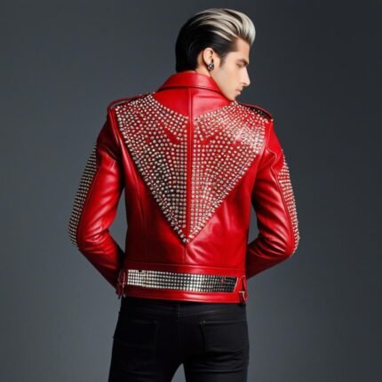 Men’s Red Leather Biker Jacket Handmade Studded Motorcycle Jacket Custom Rock Style