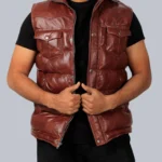 Leather Puffer Vest for Men Brown Sleeveless Outerwear with Lightweight Warmth