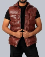 Leather Puffer Vest for Men Brown Sleeveless Outerwear with Lightweight Warmth