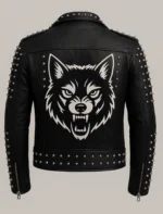 Black Leather Studded Wolf Jacket Biker Punk Gothic Style - Image 2