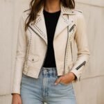Handmade Women White Studded Leather Jacket