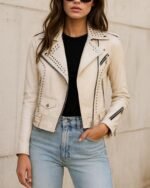 Handmade Women White Studded Leather Jacket