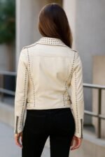 Handmade Women White Studded Leather Jacket