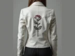 White Leather Jacket with Rose Embroidery Women’s Genuine Leather Biker Jacket