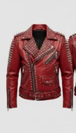 Red Studded Leather Biker Jacket Punk Rock Lightning Bolt Custom Handmade - Image 2