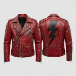 Red Studded Leather Biker Jacket Punk Rock Lightning Bolt Custom Handmade